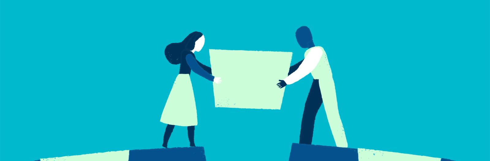 Illustrazione grafica di donna e uomo che costruiscono insieme un ponte